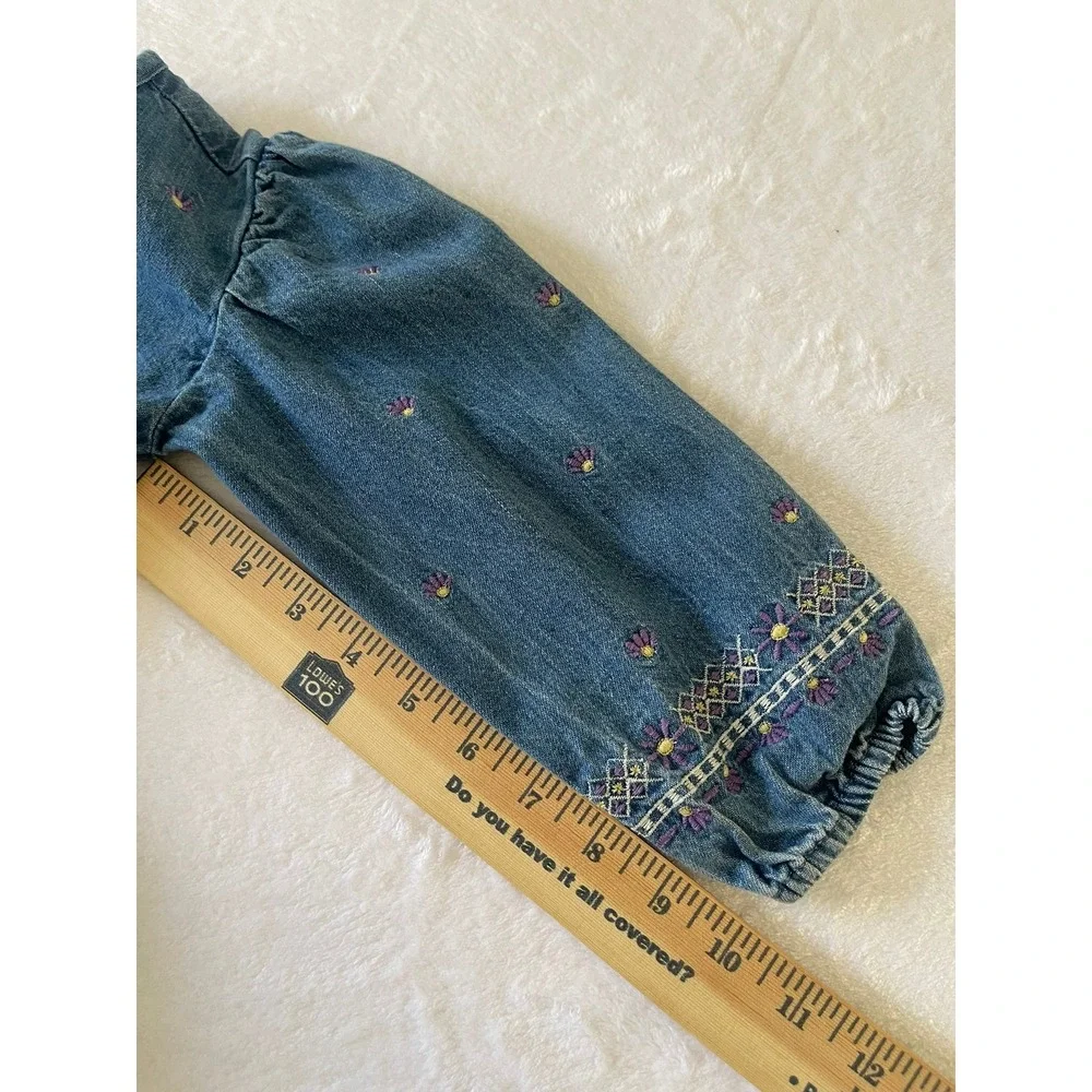 Old Navy Girls 4T Medium Wash Denim Embroidered Floral Button Front Dress